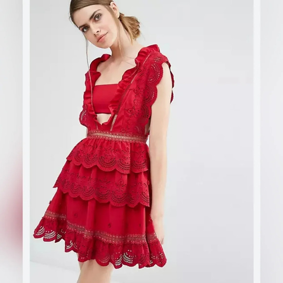 PrettyLittleThing Lace Plunge Dress / Red / Tagged Size 12 - Picture 2 of 7